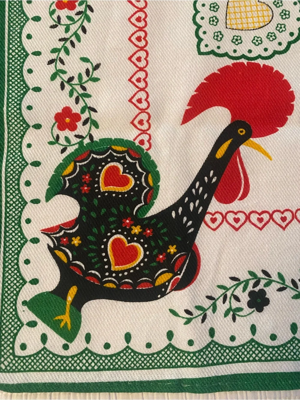 Vintage Cotton Tea Towel Folk Art Colorful Roosters Hearts Made In Portugal